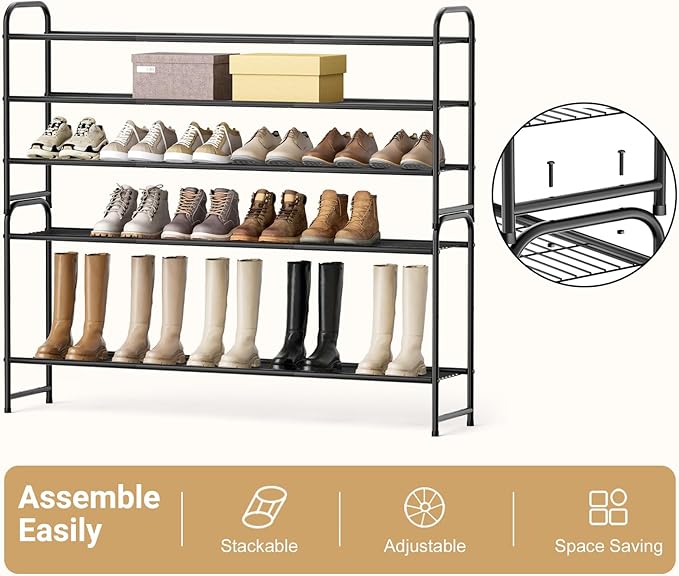 KEETDY 3-Tier Long Shoe Rack for Closet Metal Shoe Organizer for Entryway, Wide Stackable Shoe Storage Shelf with Sturdy Wire Grid for Closet Floor, Bedroom, Black