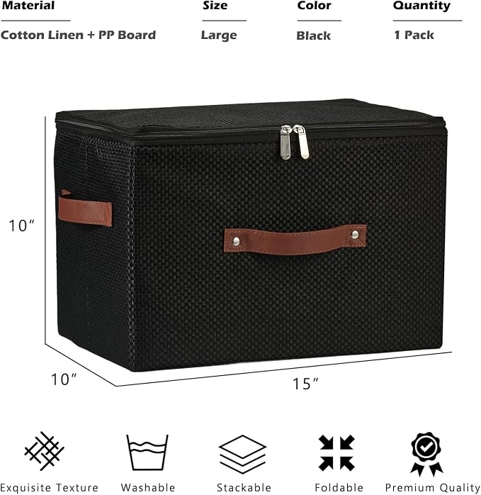 Storage Bins with Lid Fabric Storage Box Basket PU Leather Handle Textured Woven Cotton Linen Decorative Foldable Washable Shelf Closet Organizer Container (Zipper Lid, Black, Large)