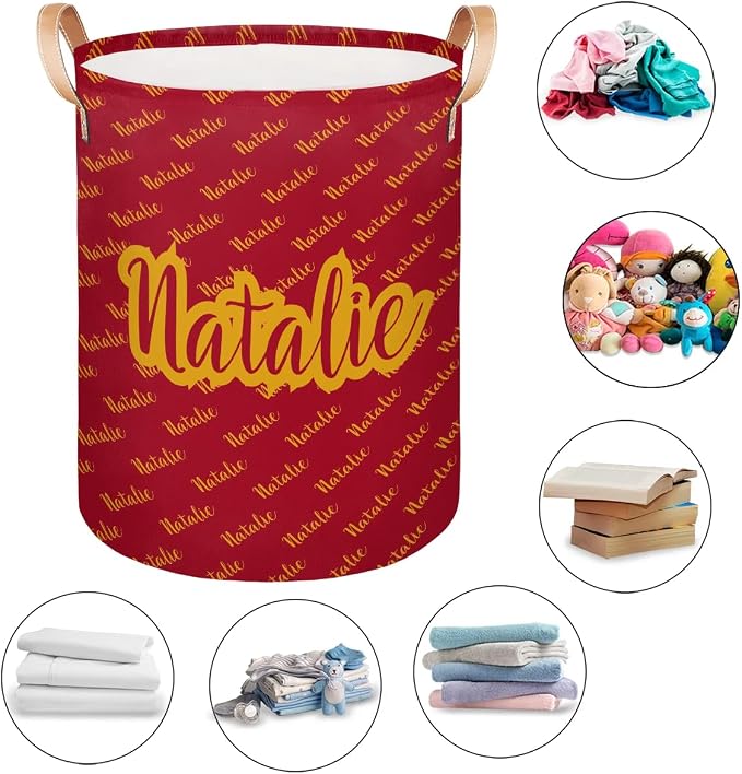 Personalized Laundry Basket, Custom Gift Laundry Hamper, Collapsible Nursery Waterproof Laundry Baskets, Dirty Clothes Toy Hamper with Handles Name Gold Red
