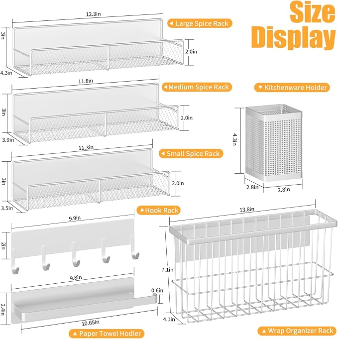 Magnetic Spice Rack for Refrigerator, 7 Pack 100% Metal Strong Magnet Shelf, Spice Organizer W/ Paper Towel Holder, Hook Rack, Utensil Caddy & Cutting Board Holder, Home Kitchen Organization (White)