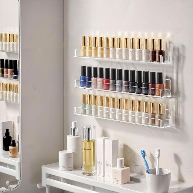 NIUBEE 24 Inches Nail Polish Rack Wall Mounted Shelf with Removable Anti-Slip End Inserts, Clear Acrylic Nail Polish Organizer Display 150 Bottles