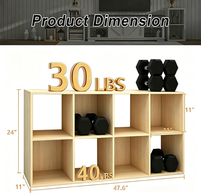 CTESNE【2026】 8 Cube Shelf with Anti-Tipping Kits + Reversible Open Back Bookcase, Multi Layer and Multi Grid partition Layout (Oak 11in)