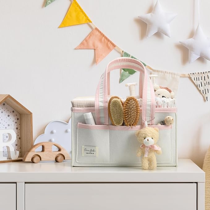 PeraBella Baby Diaper Caddy Organizer, Baby Basket Shower Gift Caddy, Portable Felt Changing Table Basket, Nursery Storage Bin, Newborn Boy and Girl Essentials for Registry, Car Diaper Organizer
