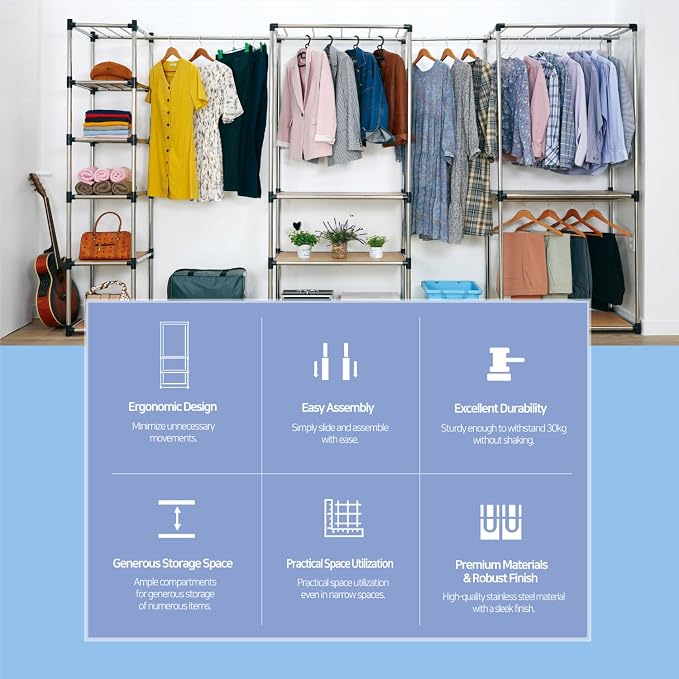 Letusto Premium Stainless Steel Freestanding Closet Organizer System - Easy Assembly, Durable, and Versatile - Heavy Duty Adjustable Portable Wardrobe Clothing Rack (Set B)