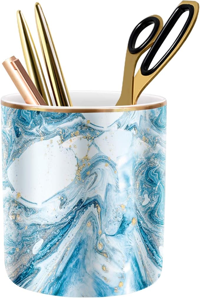 Pen Pencil Holder for Desk, Marble Desk Decor Organizer, Durable Ceramic Pencil Cup Holder Marble Design Makeup Cups for Brushes for Office, Classroom, Blue