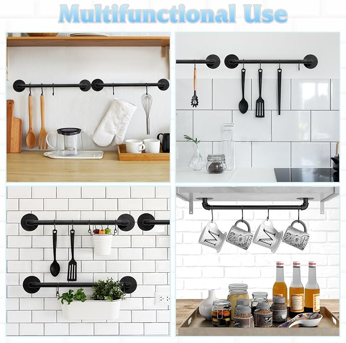 Pot Pan Rack Wall Mounted Set of 2, 21" Industrial Pipe Utensils Hanger Holder Pots Storage Organizer Iron Detachable Hanging Rail for Kitchen with 10 S Hooks…