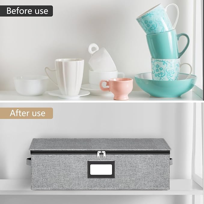 homyfort Mug Storage Box with Dividers, China Coffee Mug Storage Containers Holder Organizer Hard Shell, Service for 24 Coffee Mugs or Tea Cups (Grey)