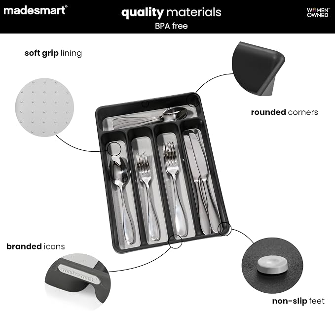 madesmart Small Silverware Tray, 5 Compartment Flatware Organizer for Forks, Knives & Spoons, Non Slip, Soft Grip Lining, Fits Small Drawers, Granite