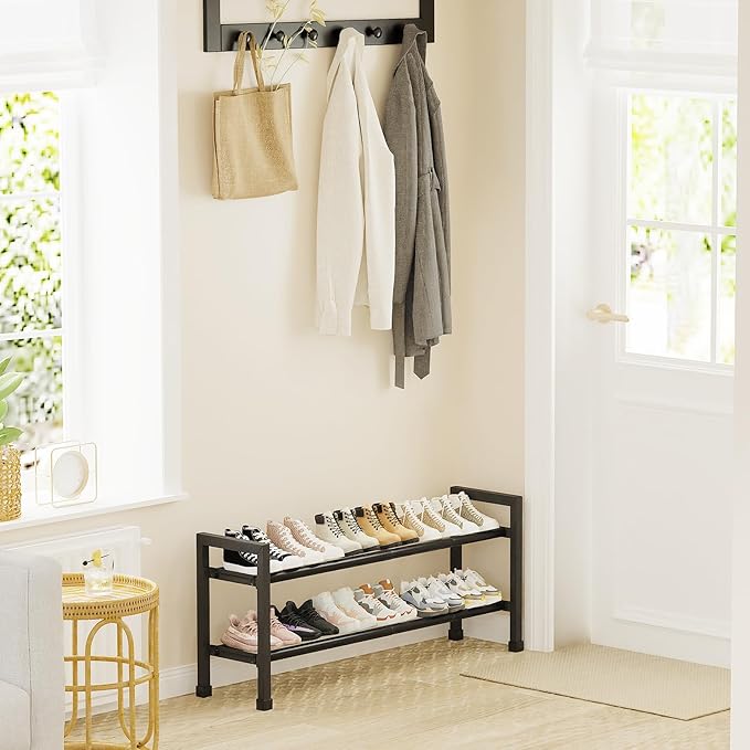 Mavivegue Expandable Shoe Rack, 2-Tier 19"-43.3" Adjustable Shoe Rack for Closet,Hall Entryway,Front Door,Garage, Sturdy Steel Space-Saving Rack, Black