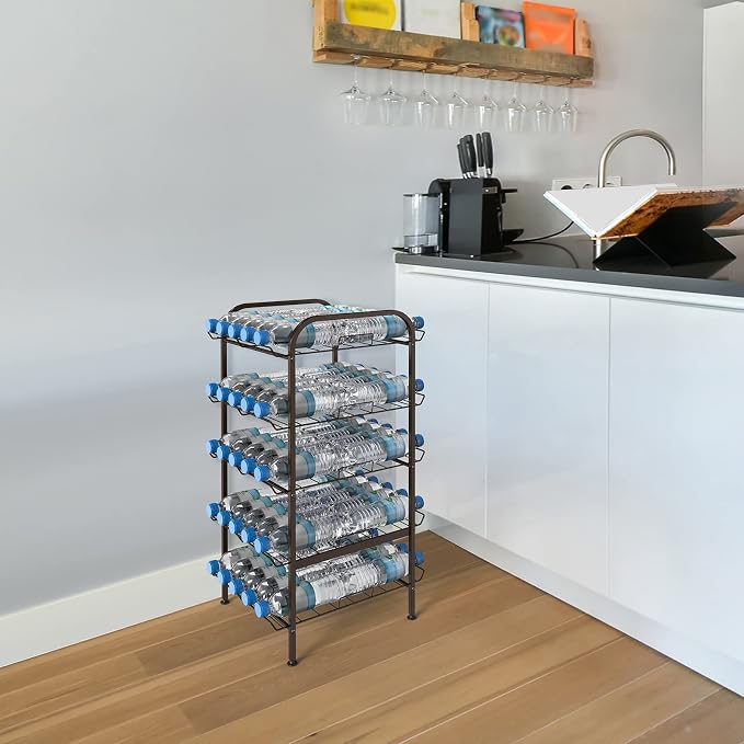 smusei 5 Tier Water Bottle Organizer Vertical Free Standing Storage Shelf Metal Beverage Rack Dispenser Large Capacity Bottled Water Holder Stand for Kitchen Party Pantry, Bronze