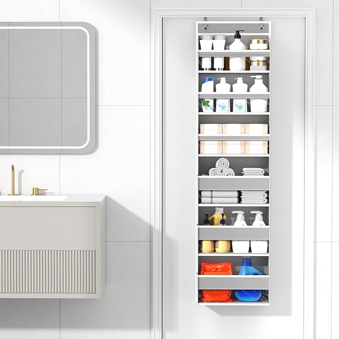 6 Tiers Over The Door Organizer, Heavy Duty Hanging Organizer Storage with Large Capacity Pockets, Behind Door Storage Hanging Shelves for Closet Wall Bathroom Bedroom Nursery Pantry, 1 Pack Grey
