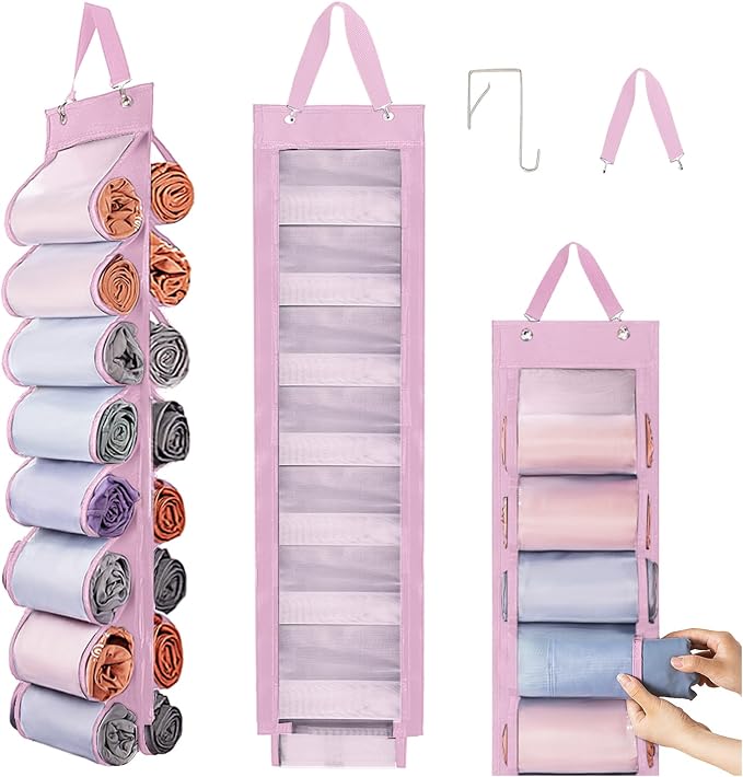 DHSFKBE Legging Organizer Storage, T Shirt Organizer, Foldable Hanging Closet Organizer Storage with 16 Roll Independent Compartments for Yoga Pants, Tank Top, Towel, Underwear (Pink)