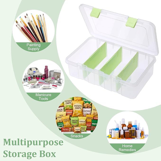 BTSKY Clear Plastic Dividing Storage Box with 4 Compartments Adjustable Storage Bin with Lid Plastic Craft Storage Container Multipurpose Sewing Box Art Supply Organizer, 13.3x8.1x3.4 Inches, Green