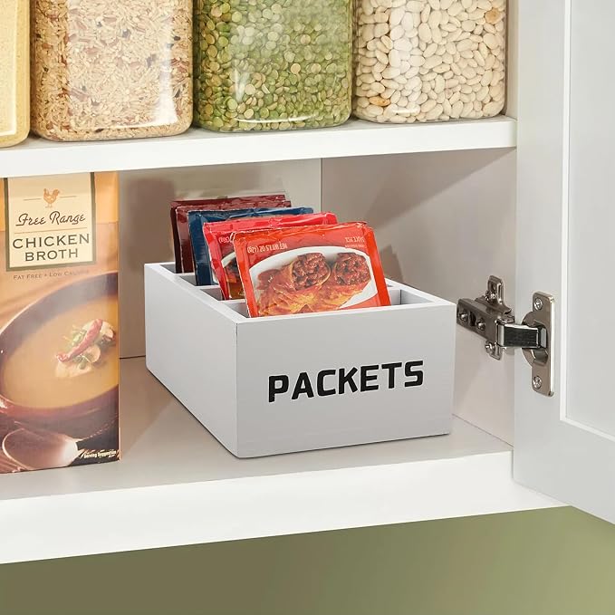 BSTKEY Seasoning Packet Organizer, Food Packet Storage Organizer with 4 Compartments, White Wooden Storage Caddy for Kitchen Pantry Cabinet, Farmhouse Kitchen Organization Bins for Snack Spice Packets