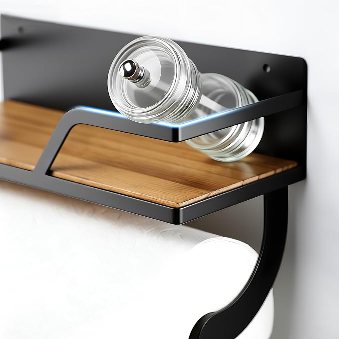 SUNTECH Black Magnetic Paper Towel Holder with Shelf, for Fridge, 11.8 in | Wood Base, Raised-Edge Design, 10 lbs Load, Magnetic or Screw Mount, Holds Spices, Toiletries, Fits Kitchen, Bathroom, RV