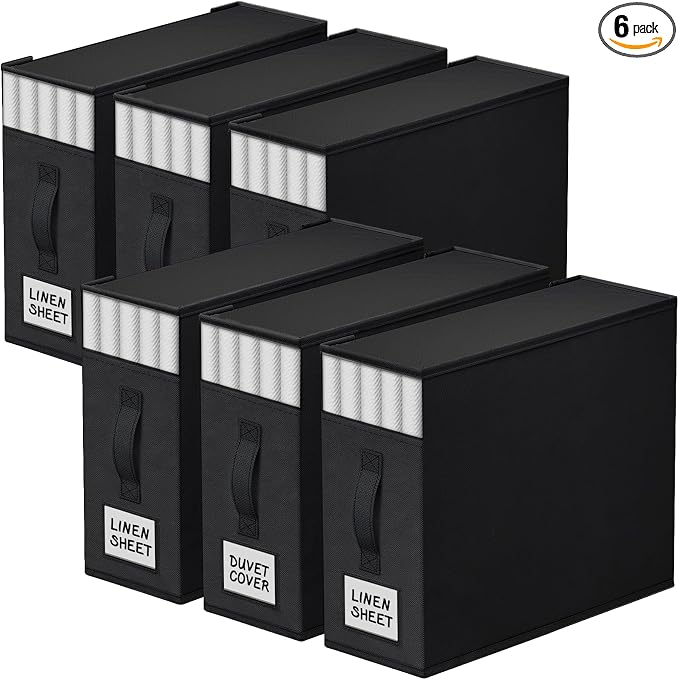 StorageTastic 6 Pack Bed Sheet Closet Organizers and Storage,Sturdy Foldable Storage Containers with Window and Label,Storage and Organization for Bedding Sheets,Duvet Covers,Blankets (Black)