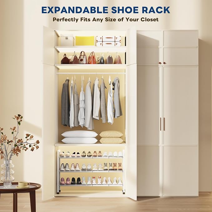 Mavivegue 3-Tier 19"-43.3" Adjustable Shoe Rack for Closet,Expandable Shoe Rack, Hall Entryway,Front Door,Garage, Sturdy Steel Space-Saving Rack, White