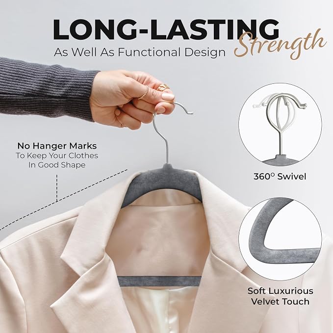 Our Modern Space 100 Pack Velvet Hanger for Shirt Pants Dresses Skirts Suits Jackets - Slim Space Saving Design - Standard Coat Hanger - Sturdy & Durable Design with Shoulder Grooves Hook