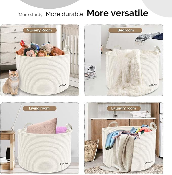 GOCAN Extra Large Storage Laundry Basket 22" X 22"X 14" Cotton Rope Woven Basket for Blanket Basket with Handles for Living Room Toys Storage XXXL (Cream)