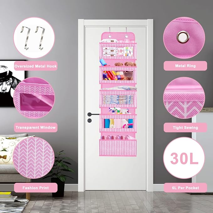 Over The Door Hanging Organizer with 5 Large Pockets - Wall Mount Pantry Storage with 2 Big Metal Hooks for Baby Girl’s Diapers Closet, Bathroom, Nursery, Bedroom, Dorm, Baby, Kids Toys (Pink)