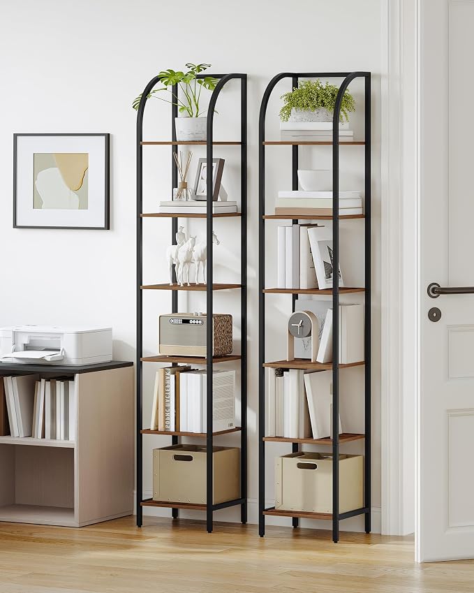 Hzuaneri Bookshelf Narrow Bookcase, Tall Storage Rack with Steel Frame, Display Standing Shelf Unit, Skinny Book Shelf for Study Living Room Home Office, Industrial Style, 6-Tier Rustic Brown BC56001B