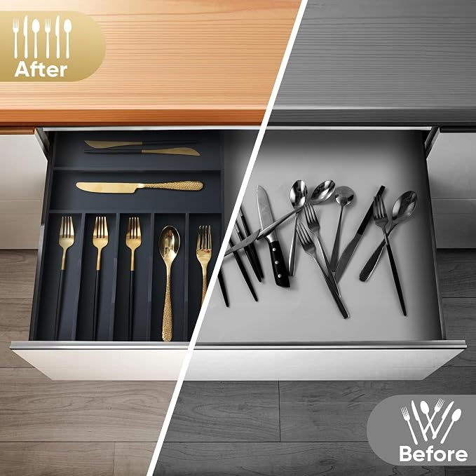 Silverware Organizer, 12.5 Inch Utensil Organizer Kitchen Drawer Organizer Bamboo Silverware Holder Cutlery Tray Organizer in Drawer Flatware Organizer Tray(7 slots, Black）