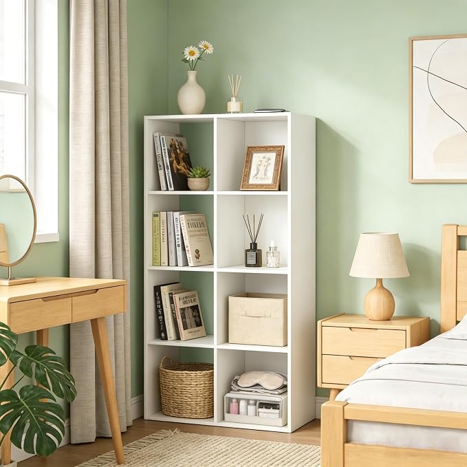 8 Cube Shelf with Anti-Tipping Kits + Reversible Open Back Bookcase, Multi Layer and Multi Grid Partition Layout (White 11in)