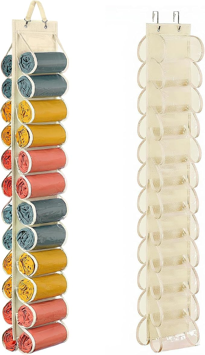 Lirex Scarf Storage Organizer with 24 Pockets, Yoga Legging Storage Organizer for Family Closet Bedroom, Cream White