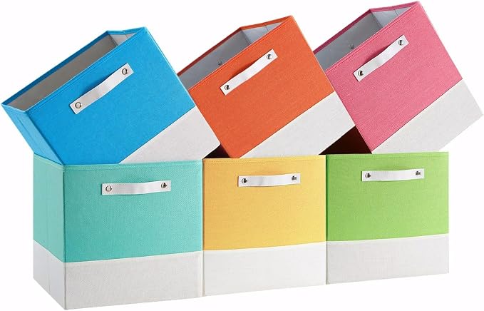 Cube Storage Bins | 9.5"x9.5"x9.8", Macaron & White, 6 Pack | Multi-Size | 2X Thick Support Board | Vegan Leather Handles | 7.7 oz/yd² Fabric | 10"x10" Drawer Insert Basket