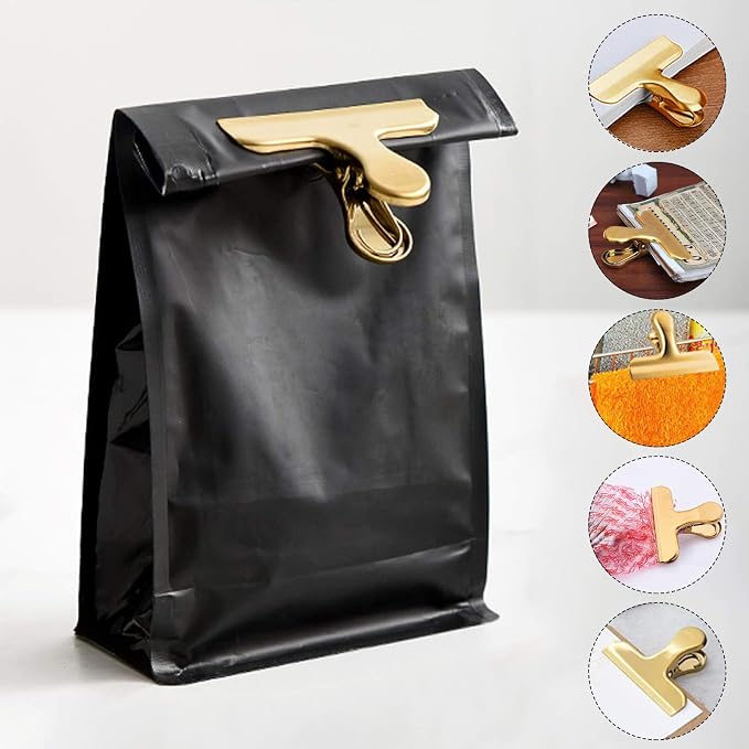 Set of 8 Heavy Duty Stainless Steel Bag Clips, SourceTon 3 x 2.4 Inch Durables Paper Seal Grip for Coffee Food Bread Bags, Kitchen Home Usage- Gold