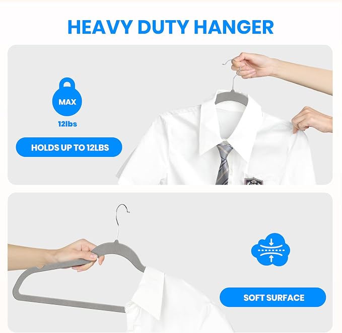 YSSOA Velvet Hangers 50 Pack, Non-Slip Clothes Hangers with Shoulder Notches, 360° Swivel Hooks, Heavy Duty Standard Hanger for Closet Space Saving, Grey