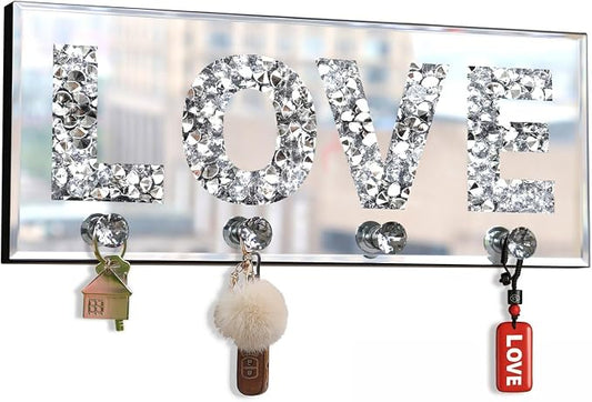 Crushed Diamond Mirrored LOVE Letter Plaque Sign - 15" Silver Mirror Key Holder with 4 Crystal Acrylic Hooks, Wall Mounted Key Hanger for Bedroom, Nursery, Hallway - Glam Art Deco Romantic Wall Decor