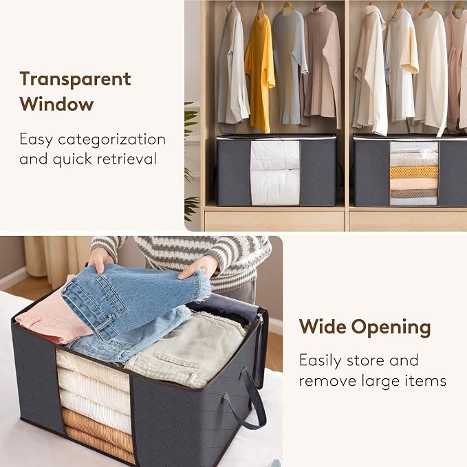 Lifewit 8 Pack 90L Clothes Storage Bins with Lids, Foldable Blanket Storage Bags with Zippers, Clear Window and Reinforced Handles, Closet and Organization for Clothing, Sweater, Comforter, Bedding