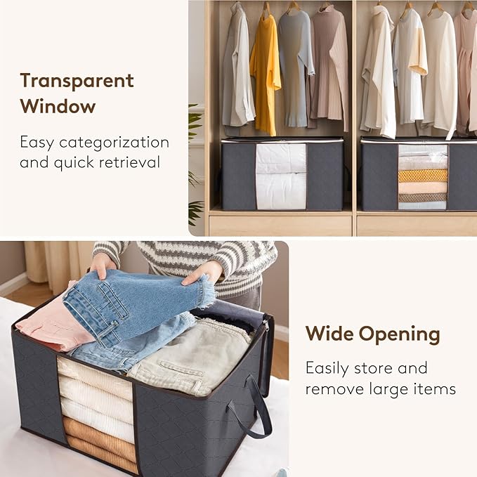 Lifewit 3 Pack 60L Clothes Storage Bins with Lids, Foldable Blanket Storage Bags with Zippers, Clear Window and Reinforced Handles, Closet and Organization for Clothing, Sweater, Comforter, Bedding