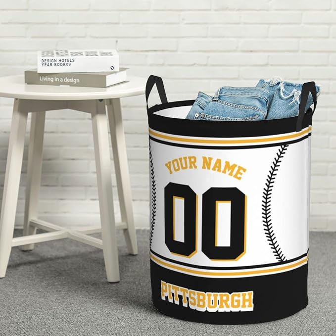 Custom Pittsburgh Laundry Hamper Personalized Laundry Basket Customized Name And Number Collapsible Storage Basket for Bedroom Bathroom Living Room Baseball Fan Gifts