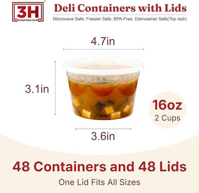 16oz Deli Containers with Lids (48 Sets) Plastic Pint Containers With Lids, BPA Free Microwave Safe Leakproof Stackable Freezer Containers With Lids for Overnight Oat, Food Storage