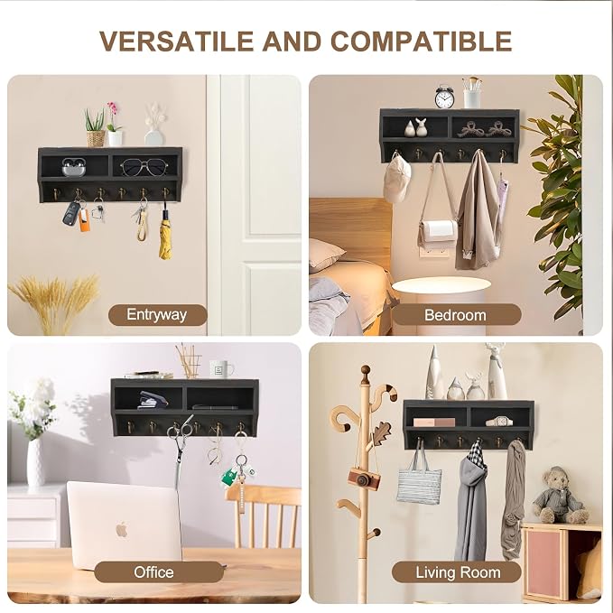 Key Holder Wall Mount - Mail Organizer Wall Mount with 6 Key Hooks and Storage Box for Sunglasses Storage and Dog Leash Holder Home Decor Rack Apartment Farmhouse Shelf Entryway Organizer (Black)