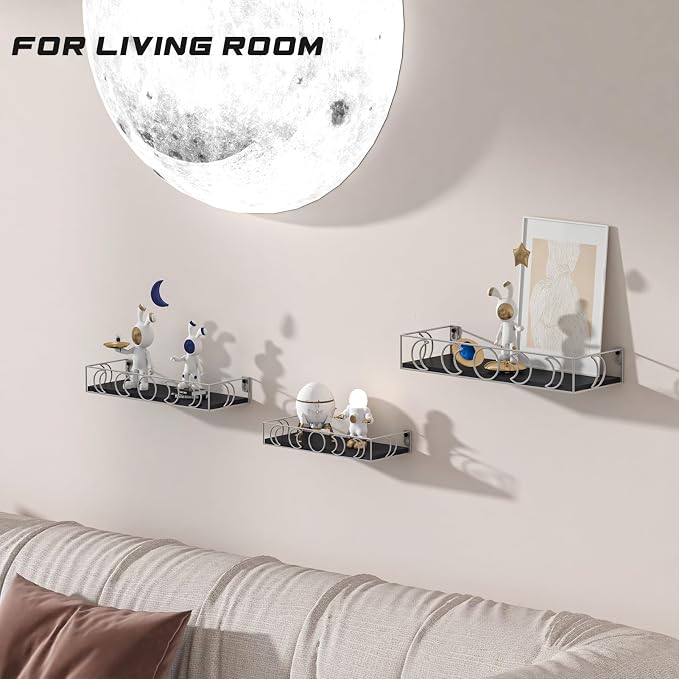 Moon Phase Wall Shelves Black Silver, 3 Pack Small Floating Book Plant Shelves for Bedroom Kid Room, Decorative Storage Display Shelf for Crystal Figurine Collectibles