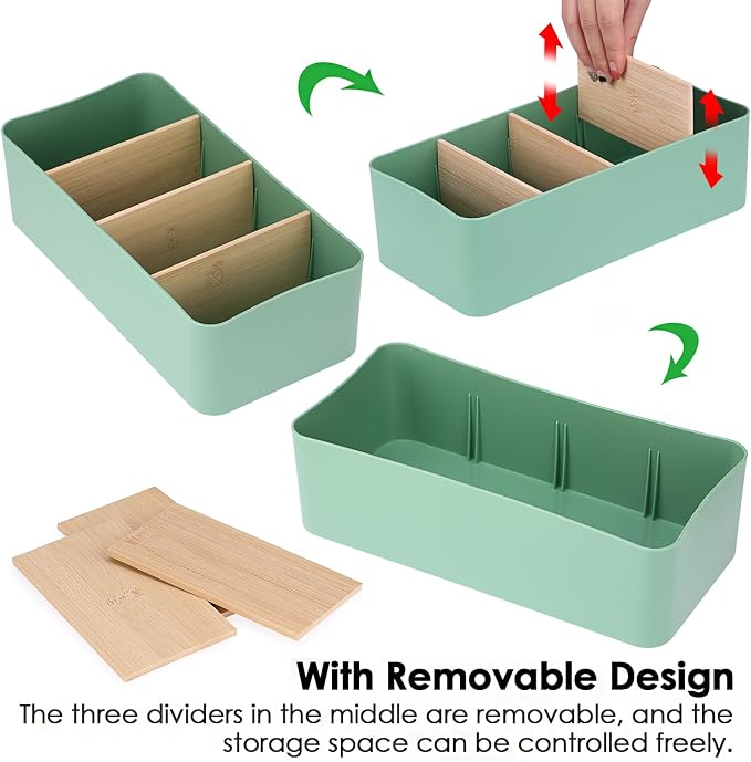 BSTKEY Seasoning Packet Organizer, Food Storage Organizer with Divided 4 Bamboo Wood Compartments, Green Plastic Storage Caddy for Pantry Cabinet, Kitchen Organization Bin for Snacks Spice Packets