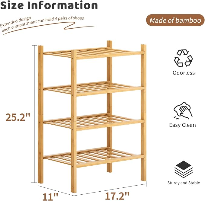 Bamboo Shoe Rack Stackable Shoe Shelf Storage Organizer for Unit Entryway Hallway and Closet Sturdy Freestanding Small Shoe Shelf(4S Tier Natural)