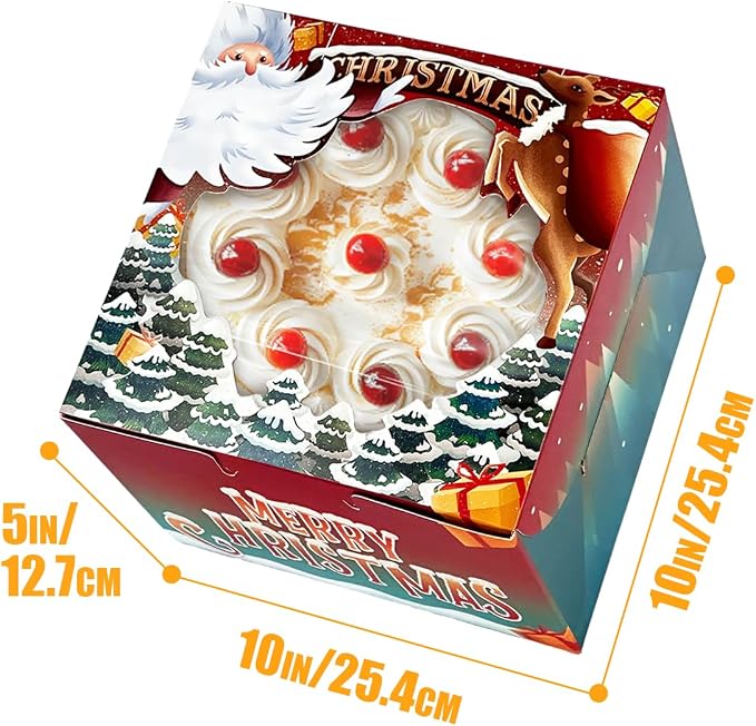 qiqee Christmas 10x10x5 Cake Box, 4 Sets Christmas Cake Box with Window ＆ 4 Sets 10 Inch Christmas Snow House Cake Round Boards, 10 Inch Cake Containers