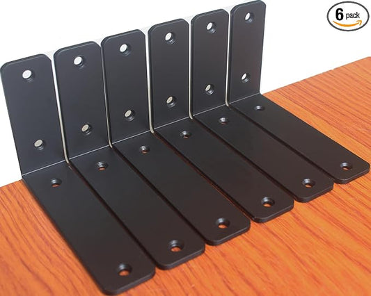6 Pack - L 6" x H 4" x W1.5, 5mm Thick Black L Shelf Bracket, Iron Shelf Brackets, Metal Shelf Brackets, Floating Shelf, Shelf Supports with Screws