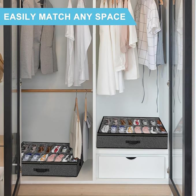 Under Bed Shoe Storage Organizer for Closet, 32 Pairs Sturdy Underbed Shoe Storage Boxes Bins Container Foldable Shoes Storage with Reinforced Handles & Clear Window for College Dorms Grey, Set of 2