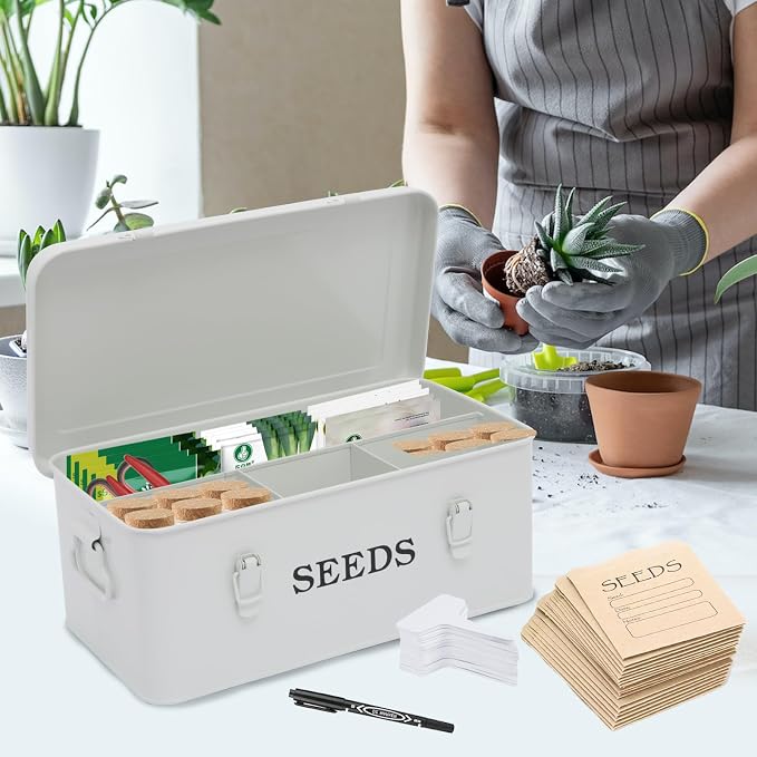 Seed Storage Organizer, 4 Compartment Seed Storage Box with Safety Lock, Metal Seed Box Seed Packet Container with 1 Pen, 12 Slots, 20 Plant Labels & 30 Seed Envelopes, White Gardening Gift