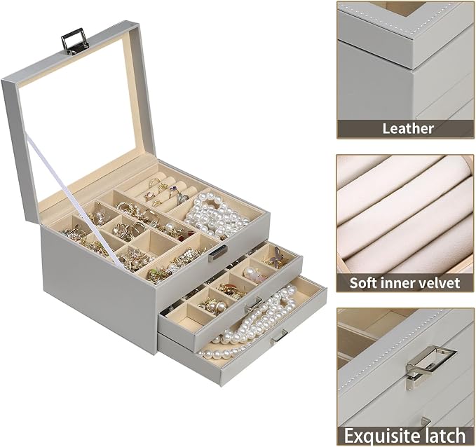BOOVO Clear Lid Jewelry Box,3 Layers Jewelry Organizer Large Jewelry Storage Box with 2 Drawers,Jewelry Holder Organzier of Rings Earrings Necklace Bracelets for Women (Grey, 3 Layer)
