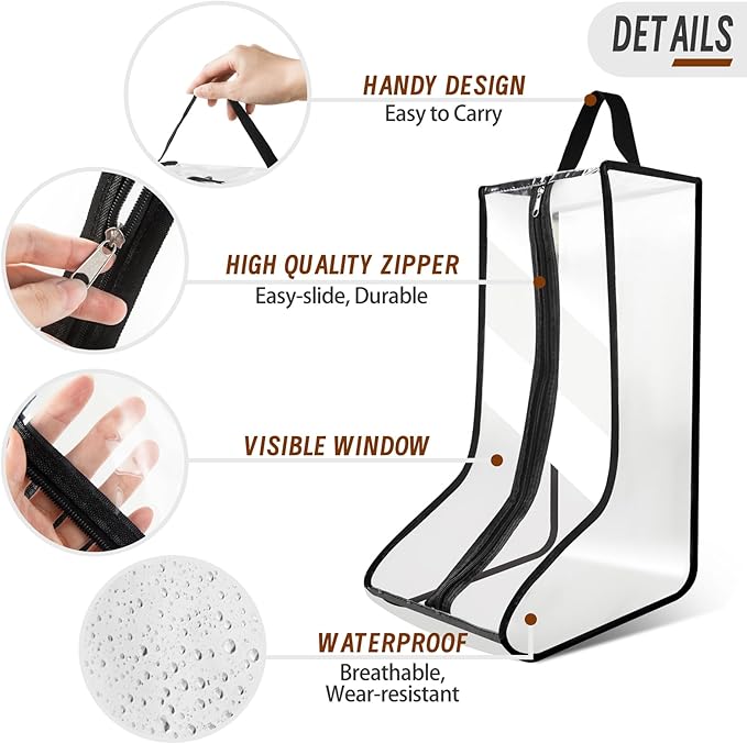CiBiZi 2Pack Black Tall Boot Bags Organizer for Travel Waterproof Cowboy Boots Bags for Storage Portable Shoe Travel Bags for Women Men Hangable Ski Boot Bags Dust-free Shoe Bags(Clear Large)