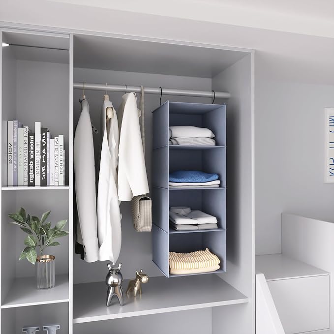 Hanging Closet Organizer 4-Shelf, Oxford Fabric Wardrobe Storage, Gray | Easy-mount foldable design holds clothes, handbags, shoes & accessories; washable Oxford fabric, sturdy and space-saving.