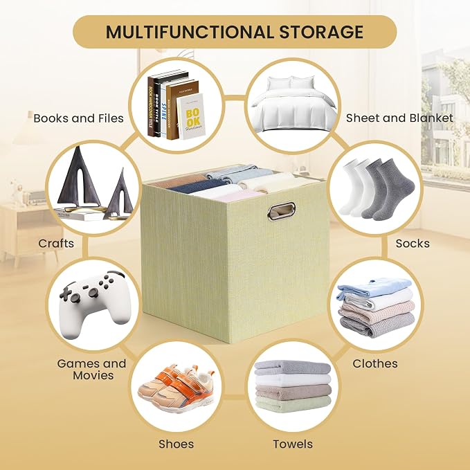 Posprica Foldable Storage Bins,13×13×13 Storage Cubes Boxes Baskets Containers for Shelf Bookcase,Thick Fabric Drawers - Set of 4, Yellow/Beige mixed