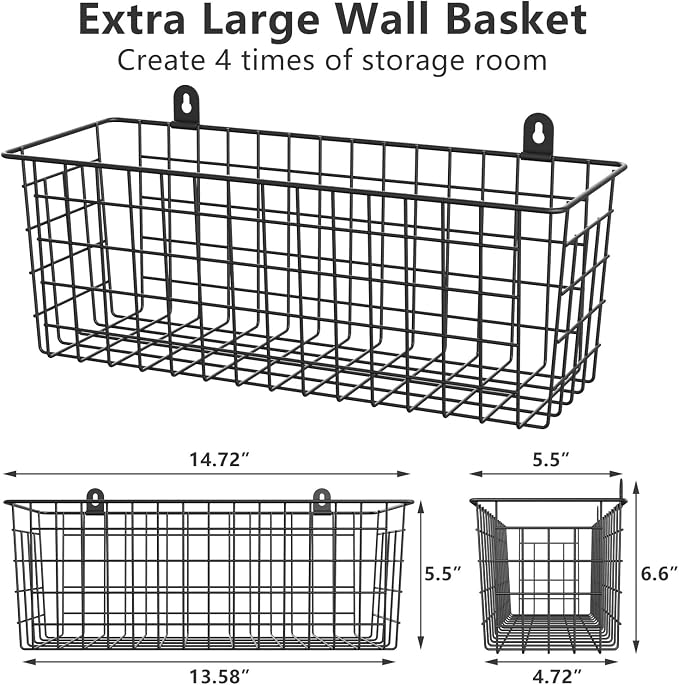 MaraFansie Extra Large Hanging Wall Basket 4-Pack Wall Mounted Wire Basket Cabinet Storage Bin Organizer Wall Shelves Farmhouse Decor for Home Kitchen Bathroom, Black