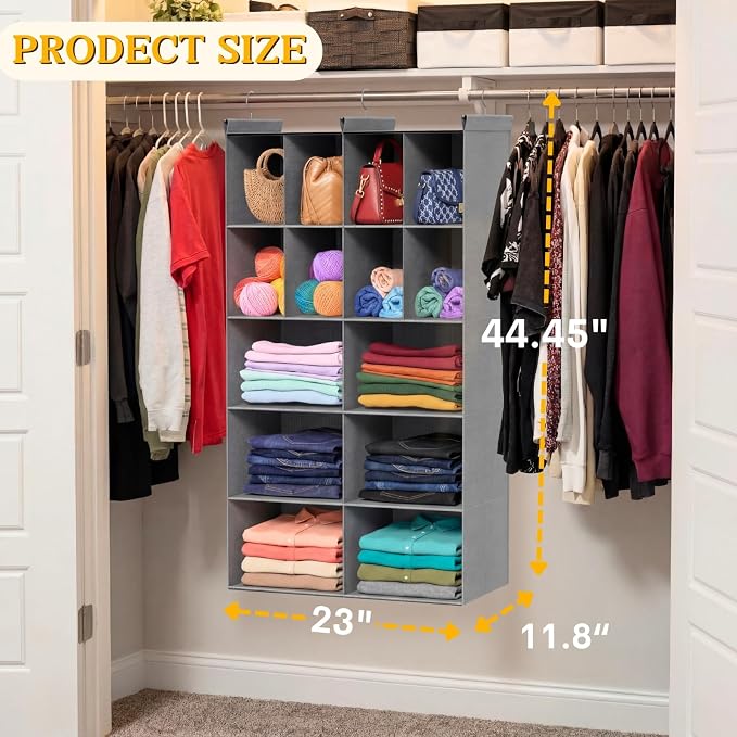 Ofiray-home 5 Tier Hanging Closet Organizer, 14 Compartments Sweater Organizer for Closet with 3 Sturdy Hooks, Closet Organizers and Storage, Wardrobe, Rv, Garment Rack, Grey